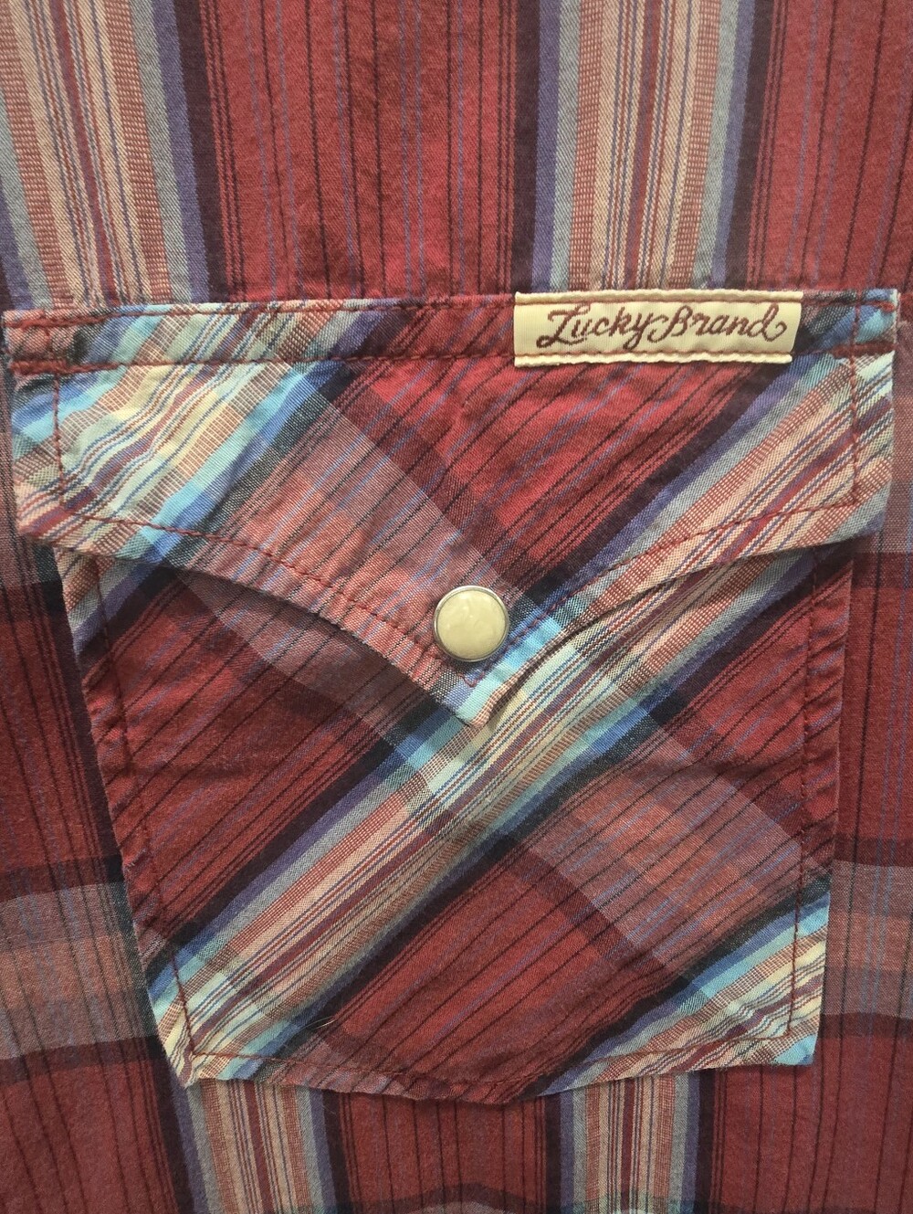 Lucky Brand Western Pearl Snap Shirt Burgandy Plaid Cowboy Ranchwear Y2K. - Picture 4 of 8